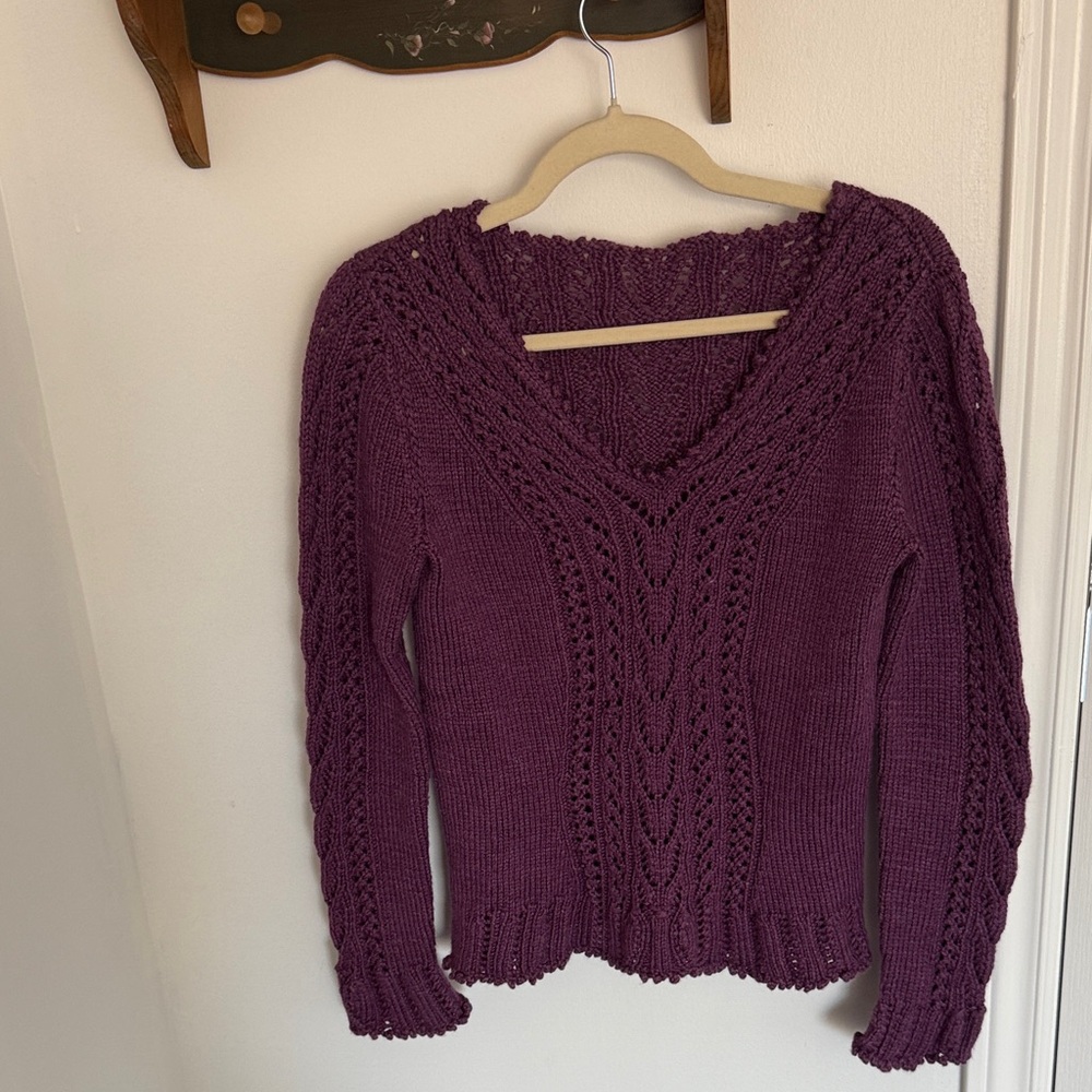 Purple V-Neck Cable Knit Sweater